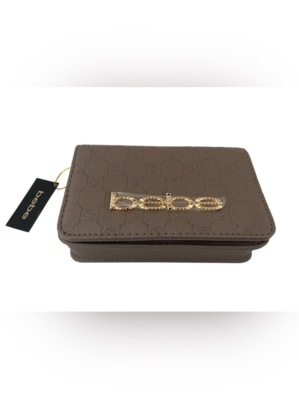 New Bebe Taupe Embossed Logo Crossbody Purse with Gold Chain